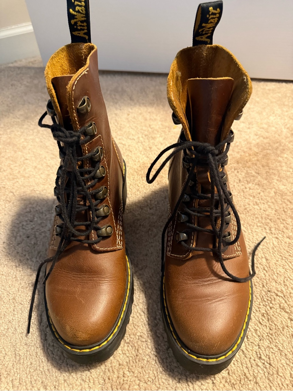 Dr. Martens Leona Brown Leather Lace-Up Boots with Yellow Welt Stitching